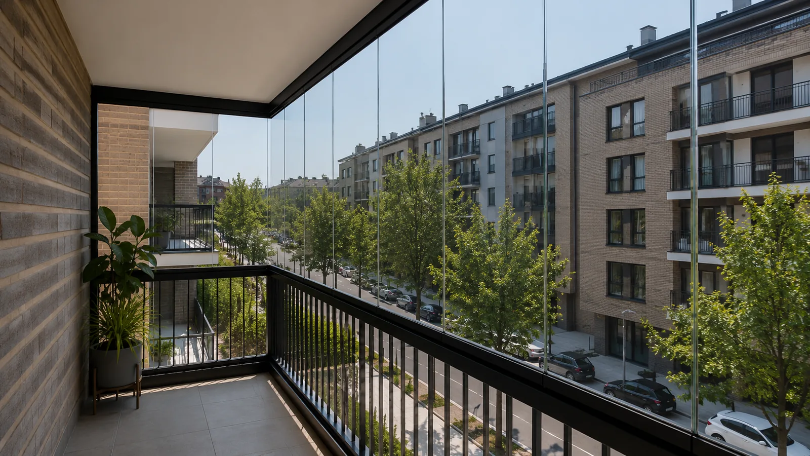 Balcón acristalado moderno con cortinas de cristal y vistas urbanas en San Sebastián