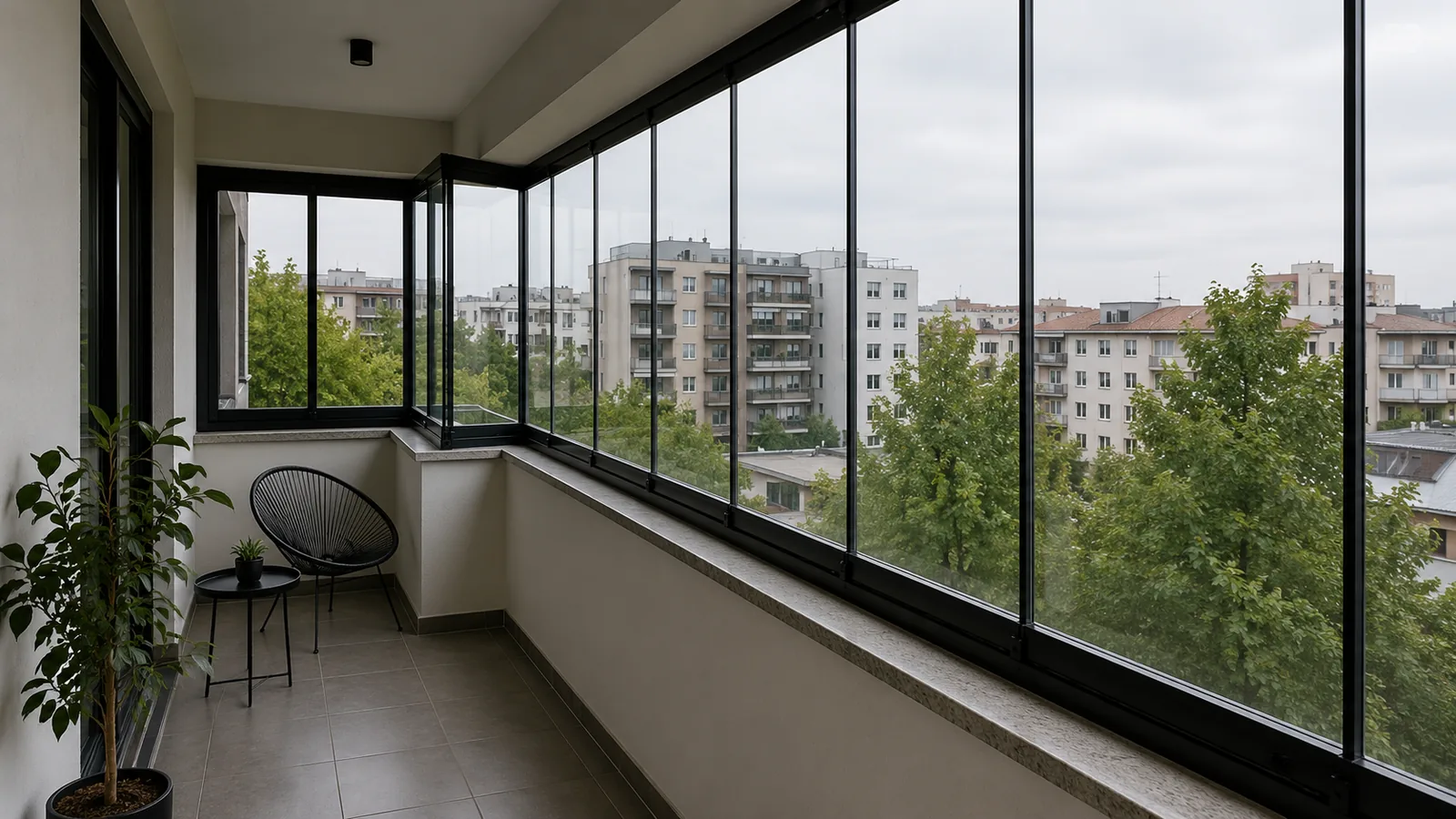 Balcón acristalado con cortinas de cristal y vistas a la ciudad en Soria