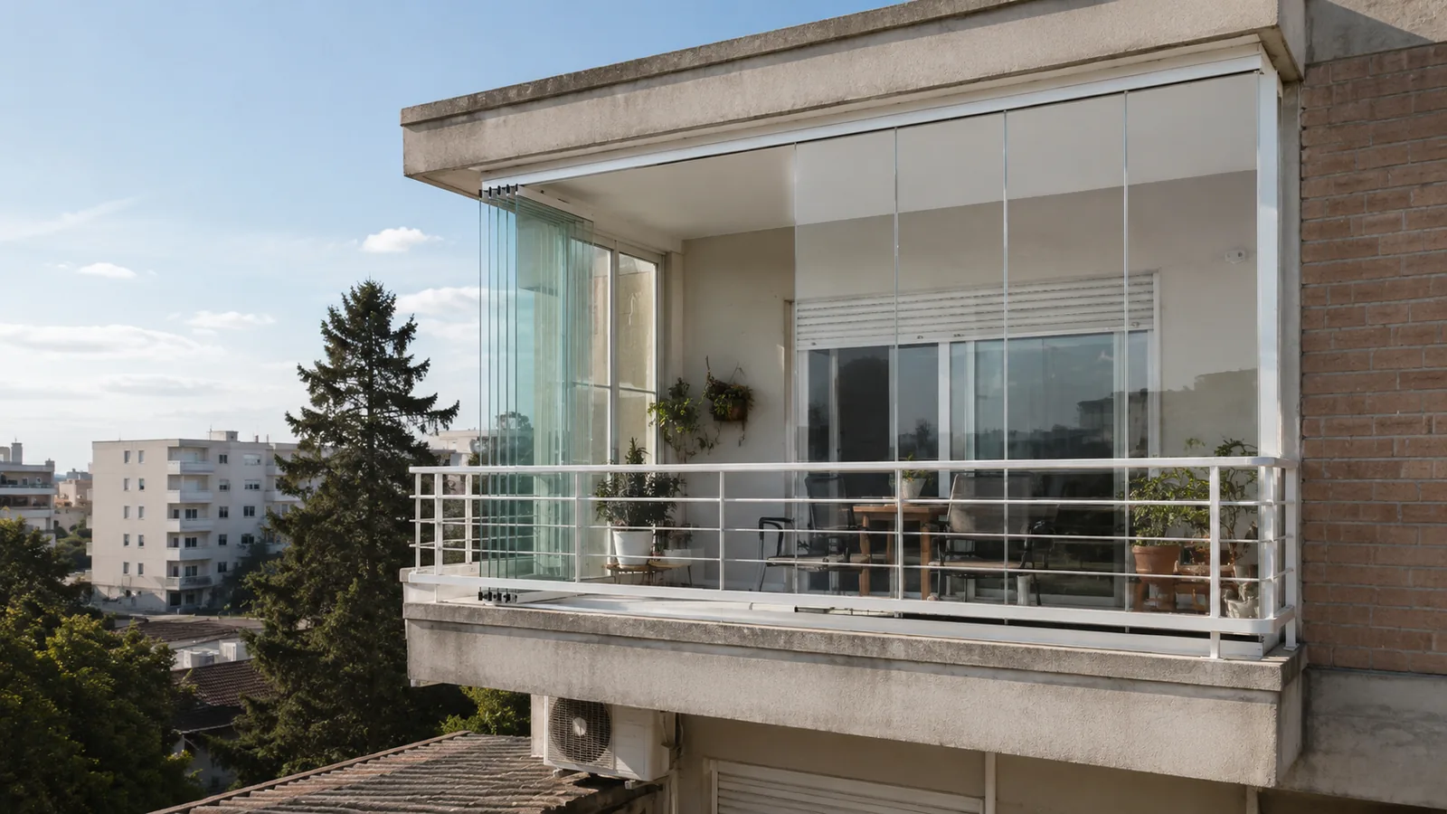 Cerramiento de balcón con cristal sin perfiles y salón exterior en Soria