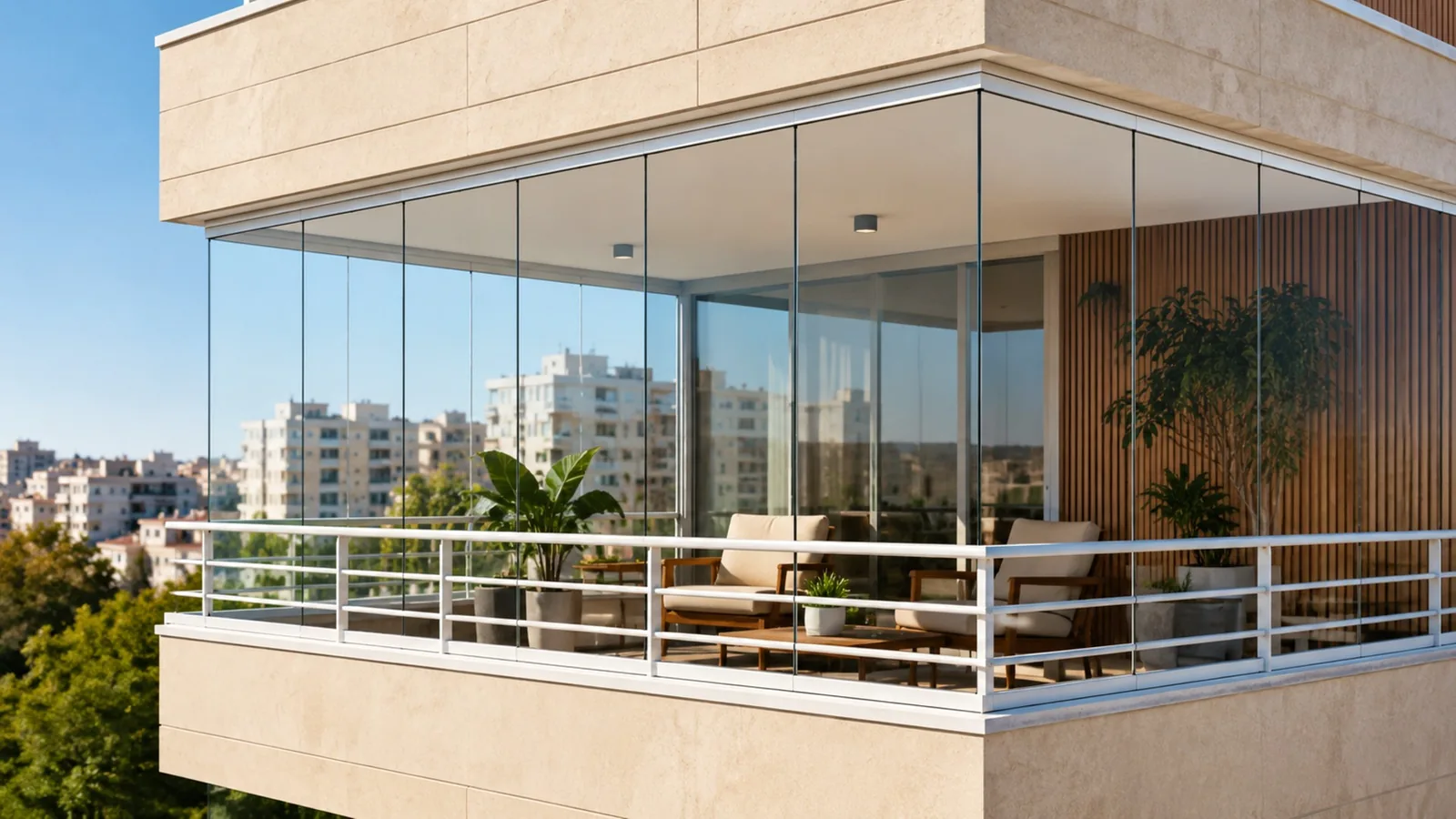 Balcón acristalado en altura con cortinas de cristal y vistas a la calle en Zaragoza
