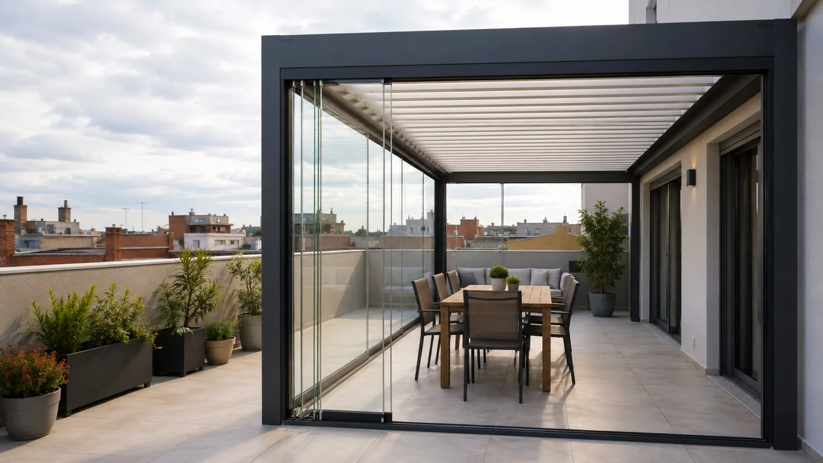 Porche cerrado con cristal y pérgola bioclimática en una terraza en Zaragoza