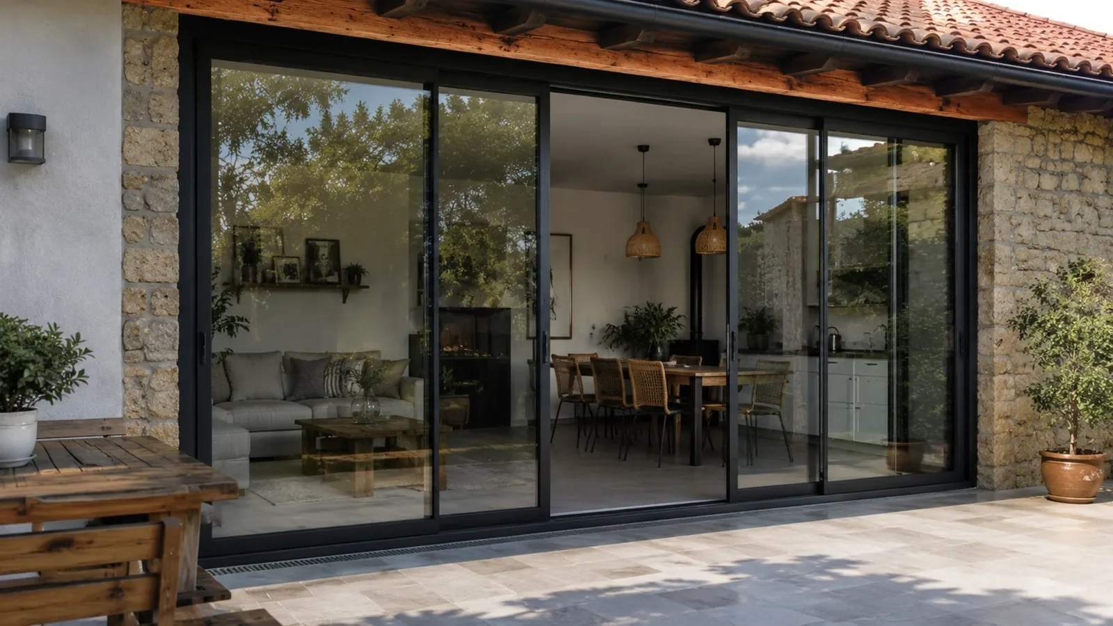 Cerramiento de terraza con correderas de cristal en una vivienda de piedra en Zaragoza