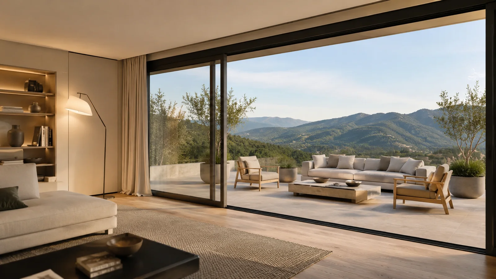 Correderas de cristal en un salón abierto a una terraza con vistas