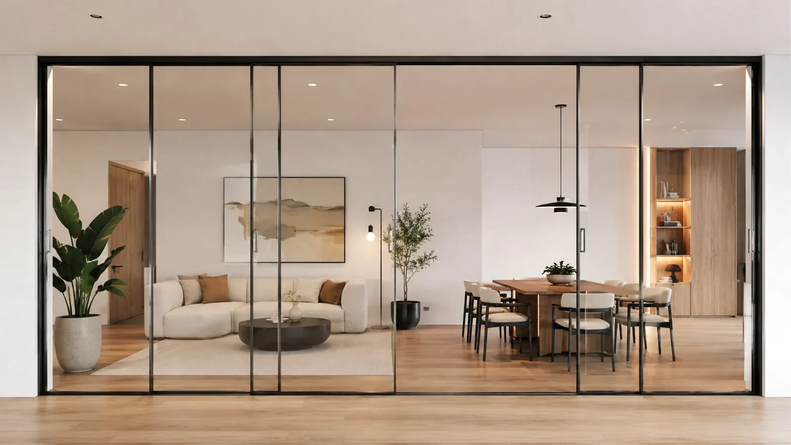 Correderas de cristal como separación de ambientes entre salón y comedor
