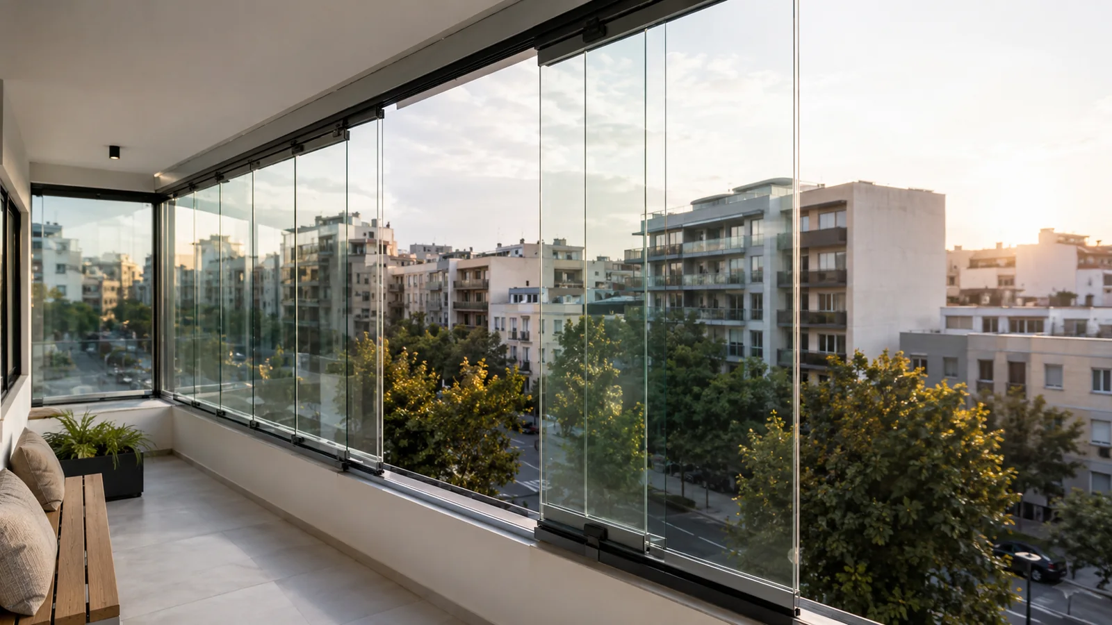 Cortinas de cristal en un balcón urbano