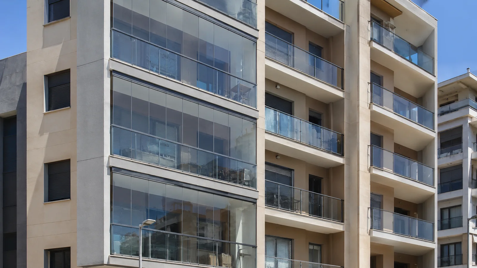 Fachada de un edificio con balcones cerrados con cortinas de cristal