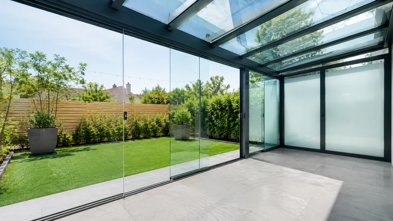 Galería con cortinas de cristal abierta al jardín