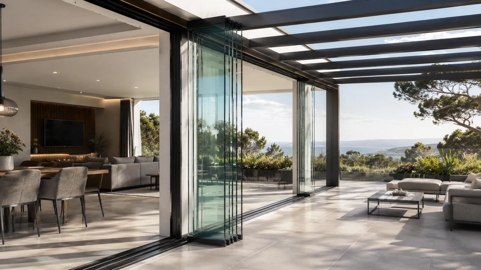 Cortinas de cristal plegadas abriendo un salón a la terraza