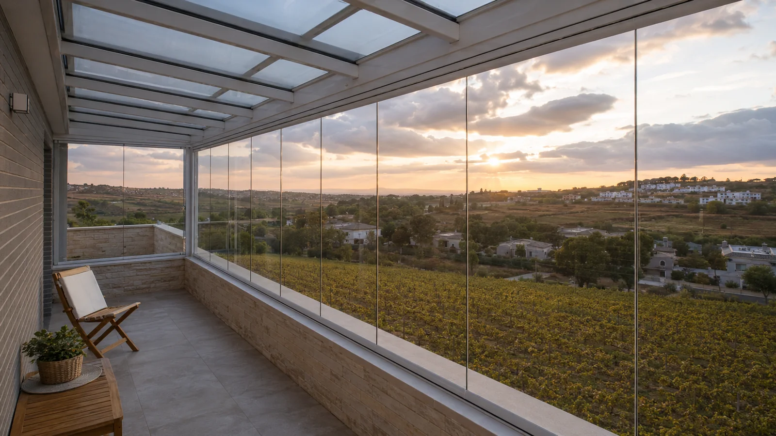 Cortinas de cristal en una terraza con vistas al atardecer