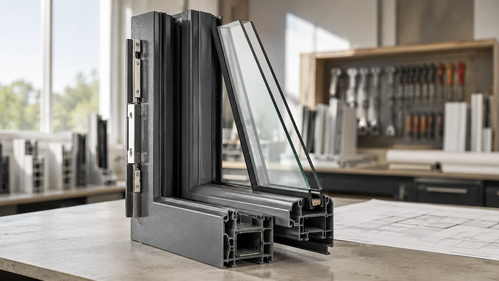 Perfil de ventana con doble acristalamiento en sección, fabricado por Neoglass en Soria