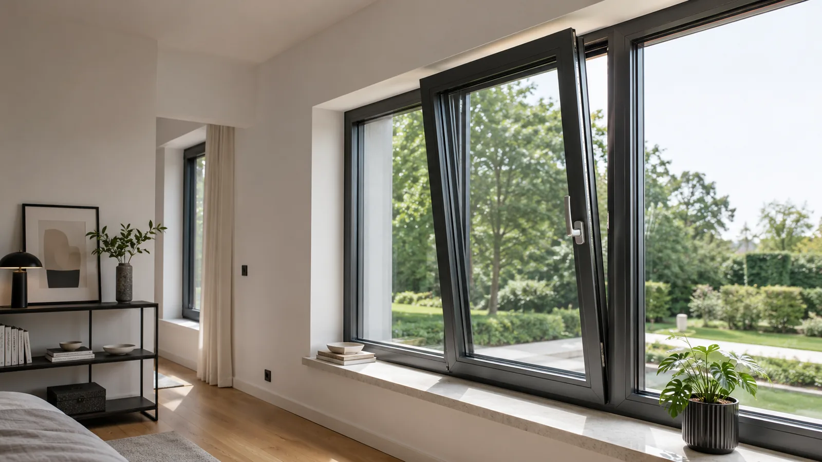 Ventana con doble acristalamiento y vistas al jardín en Zaragoza