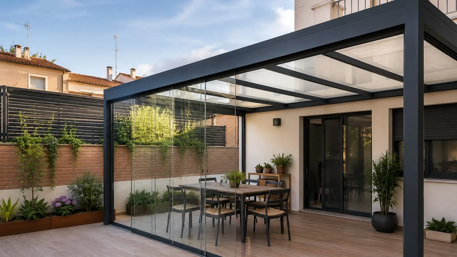 Techo de cristal combinado con cortinas de cristal