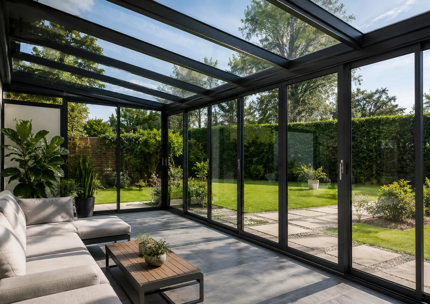 Galería acristalada con techo de cristal abierta al jardín