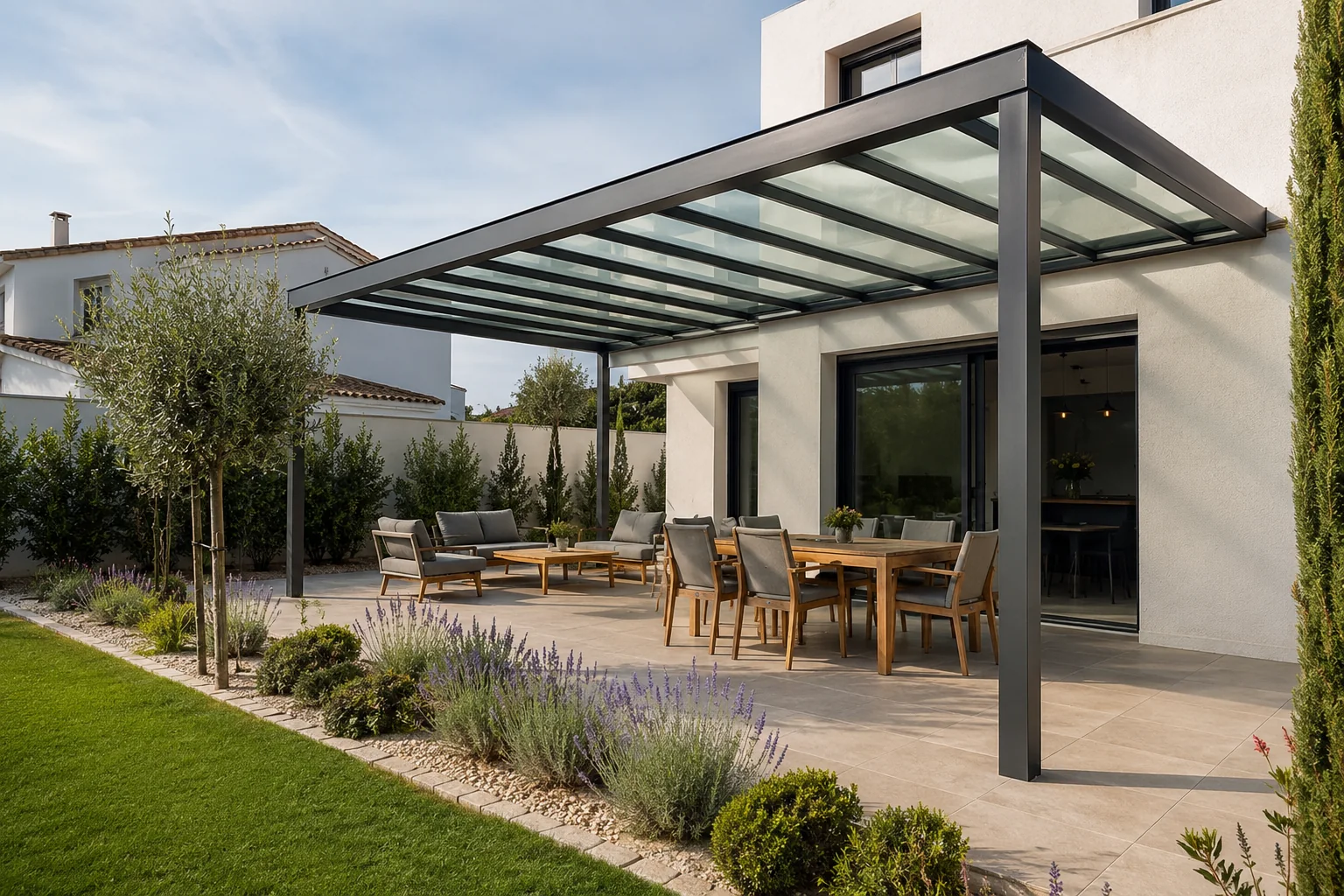 Techo de cristal sobre una terraza con comedor exterior